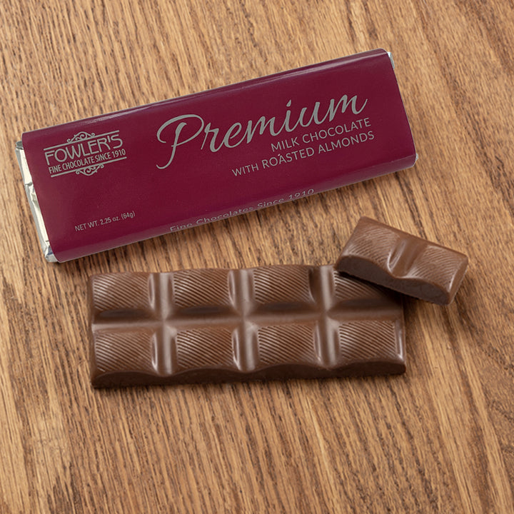Premium Milk Chocolate Candy Bar with Roasted Almonds Fowler's Chocolates