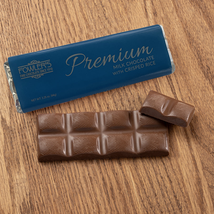 Premium Milk Chocolate Candy Bar with Crisped Rice Fowler's Chocolates